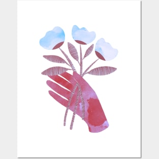 Red hand with blue flowers for you Posters and Art